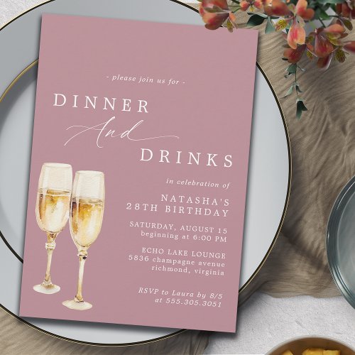 Dusty Rose Pink  Mauve Champagne Birthday Dinner Invitation