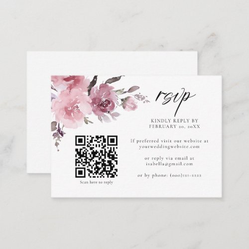 Dusty Rose Pink Mauve Floral QR Code Wedding RSVP Enclosure Card