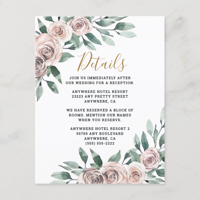 Dusty Rose Pink Mauve Gold Greenery Floral Wedding Enclosure Card