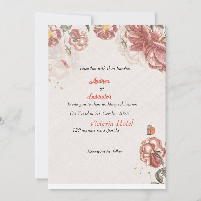 Dusty Rose Pink Mauve Gold Greenery Floral Wedding Invitation (Front)