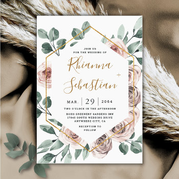 Dusty Rose Pink Mauve Gold Greenery Floral Wedding Invitation by RusticWeddings at Zazzle