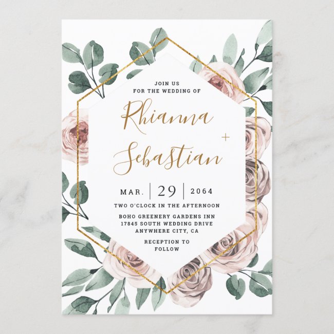 Dusty Rose Pink Mauve Gold Greenery Floral Wedding Invitation