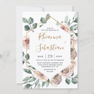 Dusty Rose and Sage Green Wedding Invitations with roses and greenery