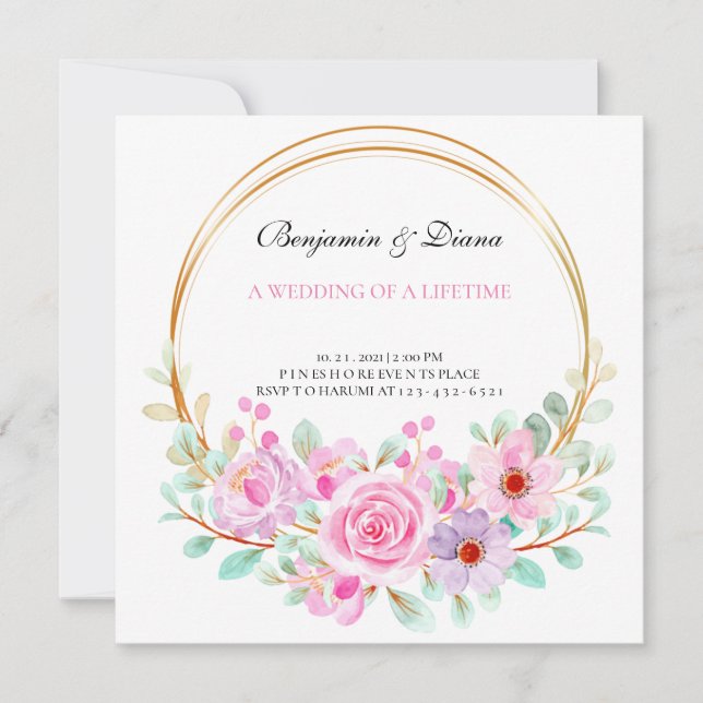 Dusty Rose Pink Mauve Gold Greenery Floral Wedding Invitation (Front)