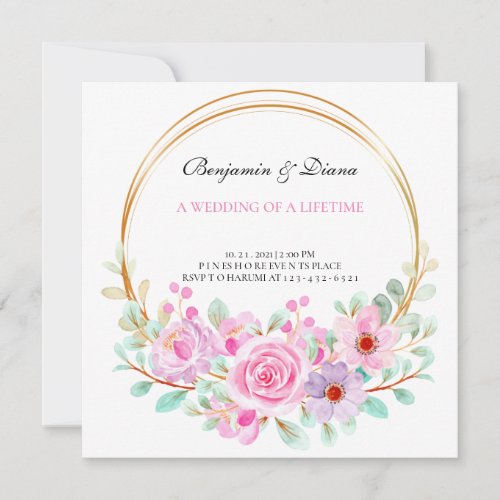 Dusty Rose Pink Mauve Gold Greenery Floral Wedding Invitation