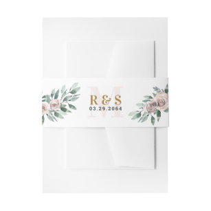 Dusty Rose Pink Mauve Gold Greenery Floral Wedding Invitation Belly Band