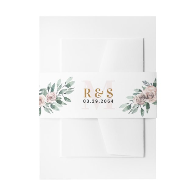 Dusty Rose Pink Mauve Gold Greenery Floral Wedding Invitation Belly Band (Front Example)