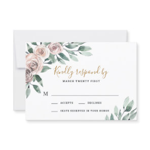 Dusty Rose Pink Mauve Gold Greenery Floral Wedding RSVP Card
