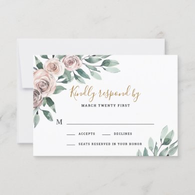 Dusty Rose Pink Mauve Gold Greenery Floral Wedding RSVP Card