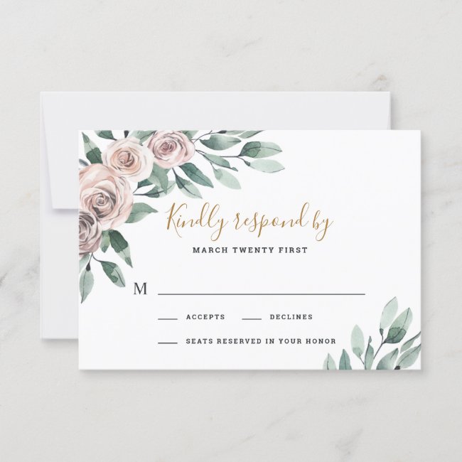 Dusty Rose Pink Mauve Gold Greenery Floral Wedding RSVP Card