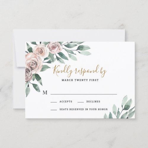 Dusty Rose Pink Mauve Gold Greenery Floral Wedding RSVP Card