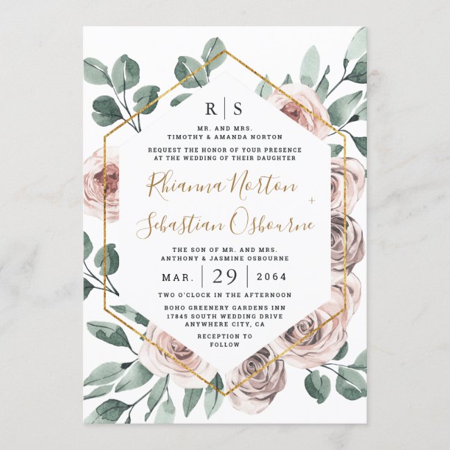 Dusty Rose Pink Mauve Greenery Floral Gold Wedding Invitation