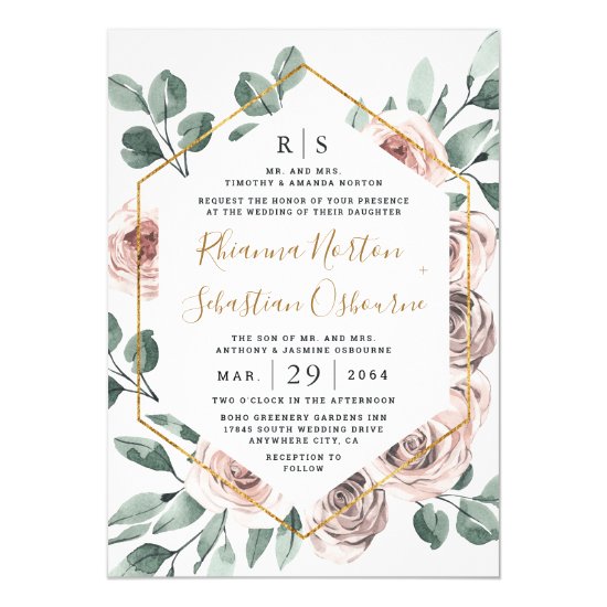 Dusty Rose Pink Mauve Greenery Floral Gold Wedding Invitation