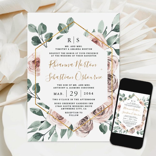 Dusty Rose Pink Mauve Greenery Floral Gold Wedding Invitation (Creator Uploaded)