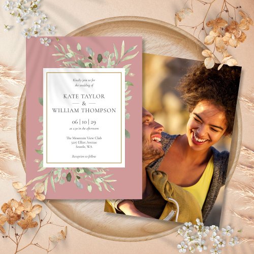 Dusty Rose Pink Mauve Greenery Photo Wedding Invitation