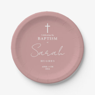 Dusty Rose Pink Minimalist Baptism Christening Paper Plates
