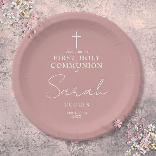 Dusty Rose Pink Minimalist First Holy Communion Paper Plates