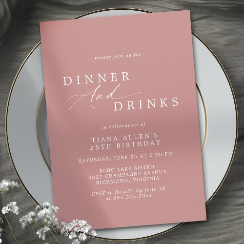 Dusty Rose Pink  Modern Adult Birthday Dinner Invitation