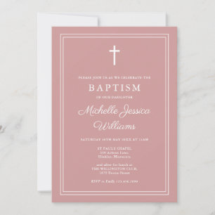 Dusty Rose Pink Modern Elegant Border Baptism Invitation