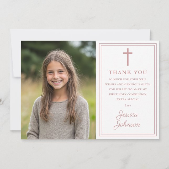 Dusty Rose Pink Modern Photo First Holy Communion Thank You Card (Front)