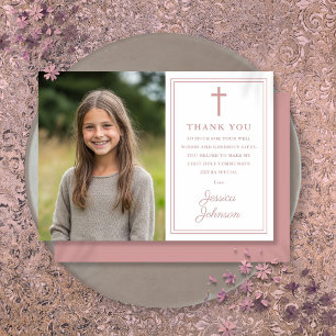 Dusty Rose Pink Modern Photo First Holy Communion Thank You Card
