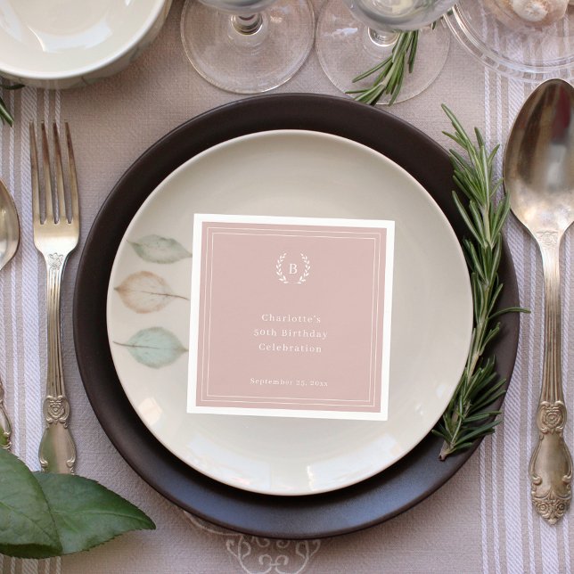 Dusty rose pink monogram wreath birthday napkins (Creator Uploaded)