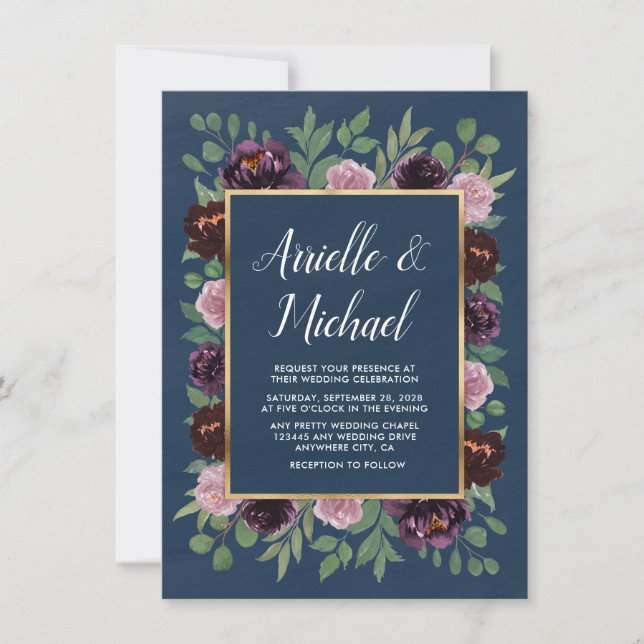Dusty Rose Pink Navy Blue Fall Wedding Invitations (Front)