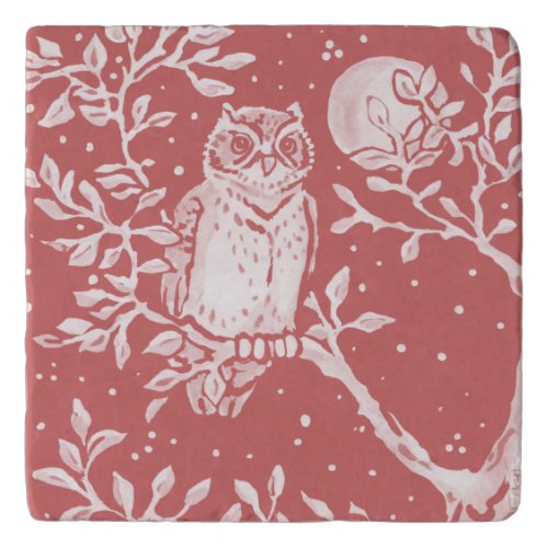 Dusty Rose Pink Owl Woodland Moon Nature Tile Trivet