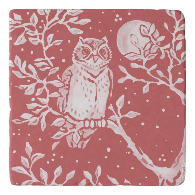 Dusty Rose Pink Owl Woodland Moon Nature Tile Trivet (Front)