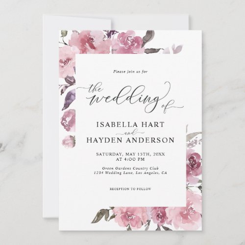 Dusty Rose Pink Pastel Floral Mauve Flower Wedding Invitation