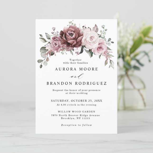 Dusty Rose Pink Peach Floral Wedding Invitation (Standing Front)