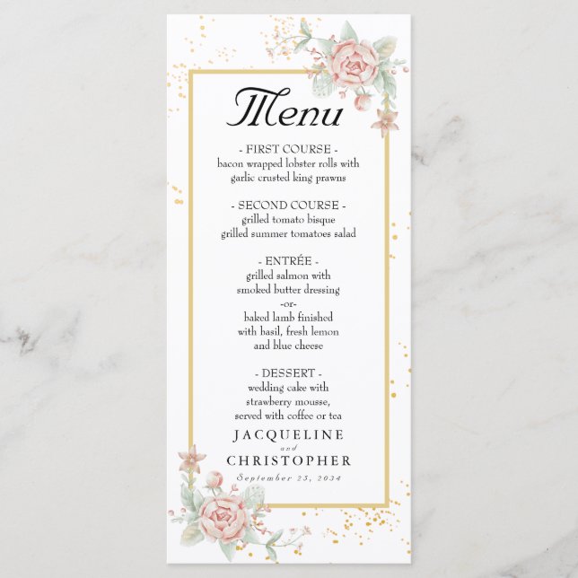Dusty Rose Pink Peony Floral Peach Wedding Menu (Front)