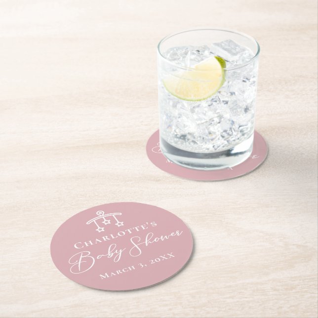 Dusty Rose Pink Personalized Baby Shower Round Paper Coaster (Insitu)