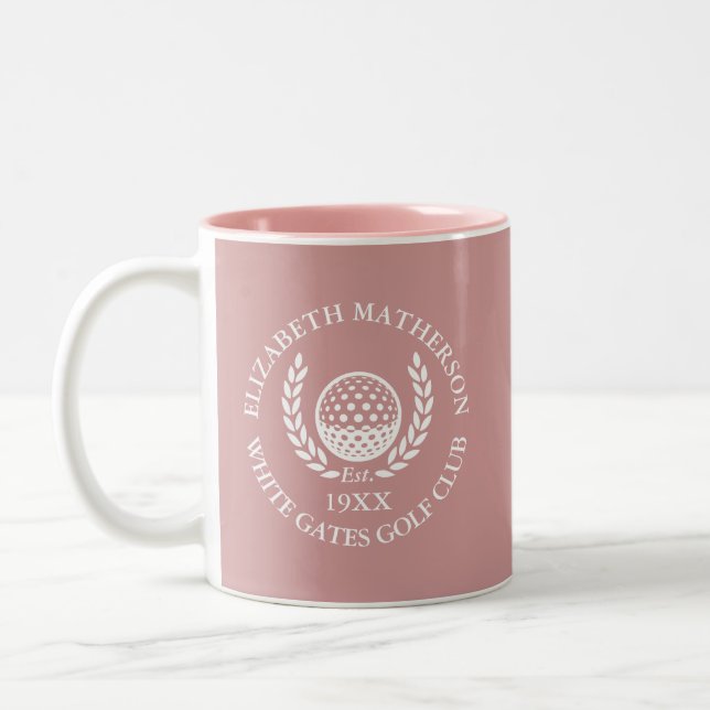 Dusty Rose Pink Personalized Golf Club Name Two-Tone Coffee Mug (Left)