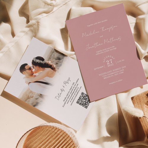 Dusty Rose Pink Photo Budget Wedding QR Code Rsvp Invitation