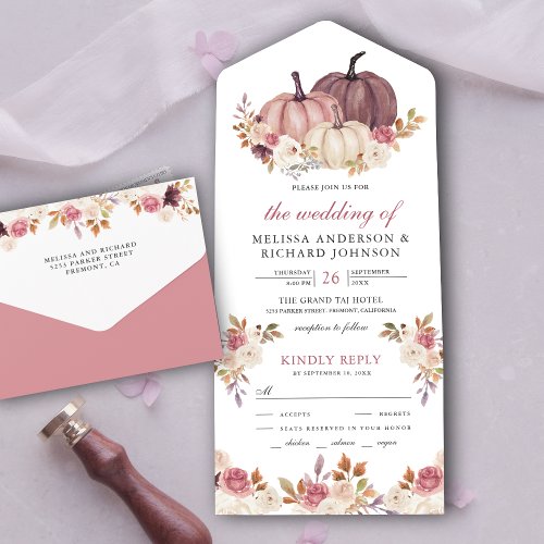 Dusty Rose Pink Pumpkin and Ivory Floral Wedding All In One Invitation