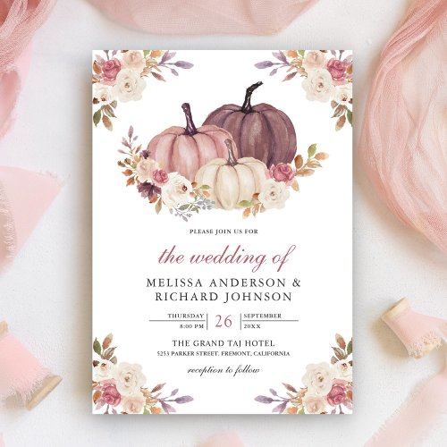 Dusty Rose Pink Pumpkin and Ivory Floral Wedding Invitation