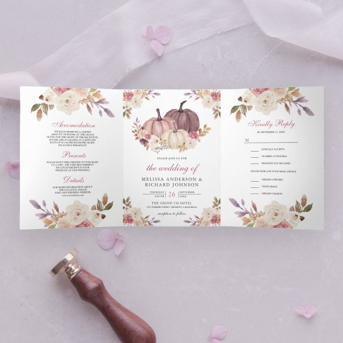 Dusty Rose Pink Pumpkin and Ivory Floral Wedding Tri_Fold Invitation
