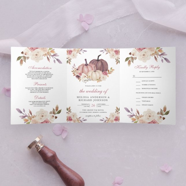 Dusty Rose Pink Pumpkin and Ivory Floral Wedding Tri-Fold Invitation