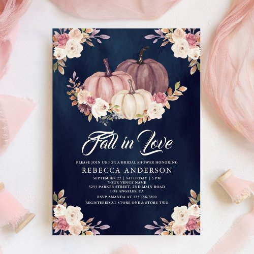 Dusty Rose Pink Pumpkin Floral Navy Bridal Shower Invitation