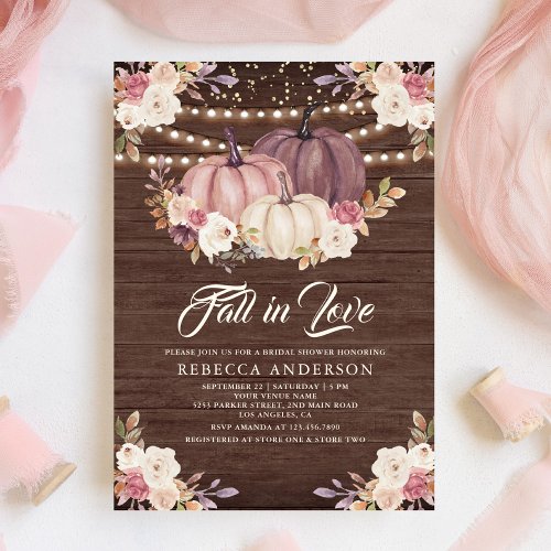 Dusty Rose Pink Pumpkin Floral Wood Bridal Shower Invitation
