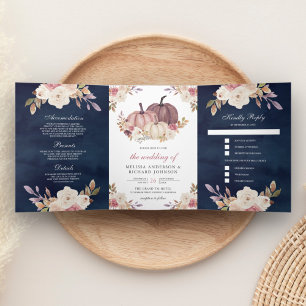 Dusty Rose Pink Pumpkin Ivory Floral Navy Wedding Tri-Fold Invitation