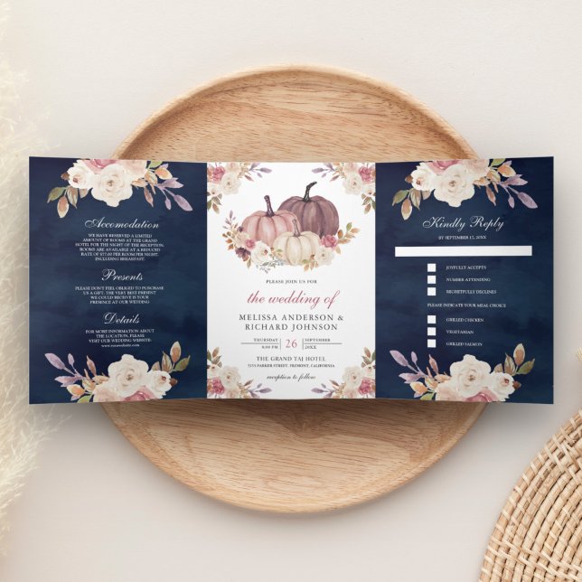 Dusty Rose Pink Pumpkin Ivory Floral Navy Wedding Tri-Fold Invitation (Creator Uploaded)