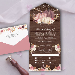 Dusty Rose Pink Pumpkin Ivory Floral Wood Wedding All In One Invitation