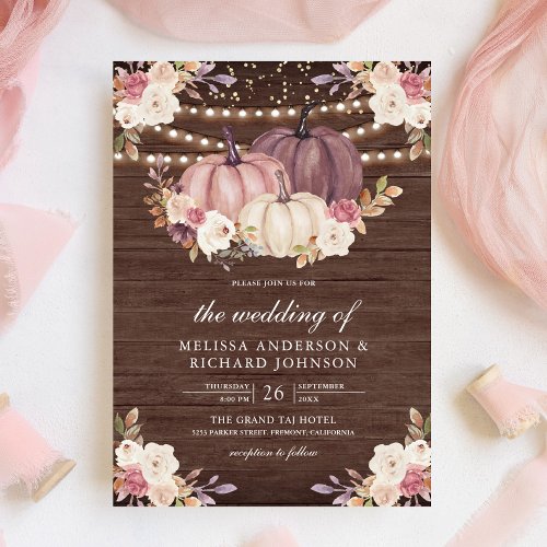 Dusty Rose Pink Pumpkin Ivory Floral Wood Wedding Invitation