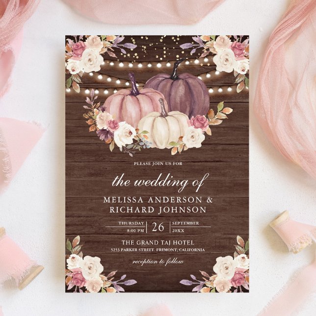 Dusty Rose Pink Pumpkin Ivory Floral Wood Wedding Invitation (Creator Uploaded)
