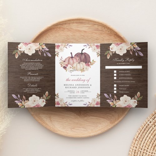 Dusty Rose Pink Pumpkin Ivory Floral Wood Wedding Tri_Fold Invitation
