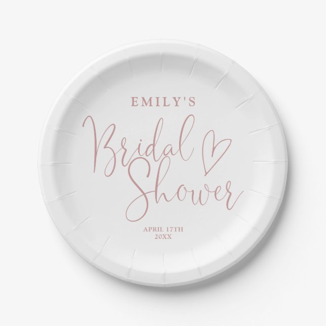 Dusty Rose pink Script Calligraphy Bridal Shower Paper Plates (Front)