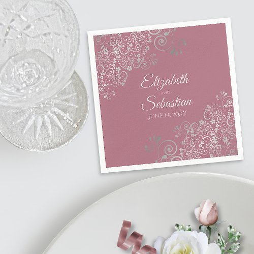 Dusty Rose Pink  Silver Frills Elegant Wedding Napkins