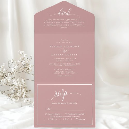 Dusty Rose Pink Simple Modern Script All In One Invitation